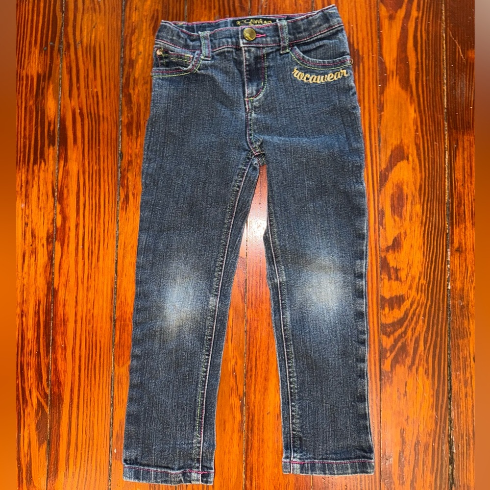 Y2k ROCAWEAR Dark Blue Kids Jeans with Gold Accents